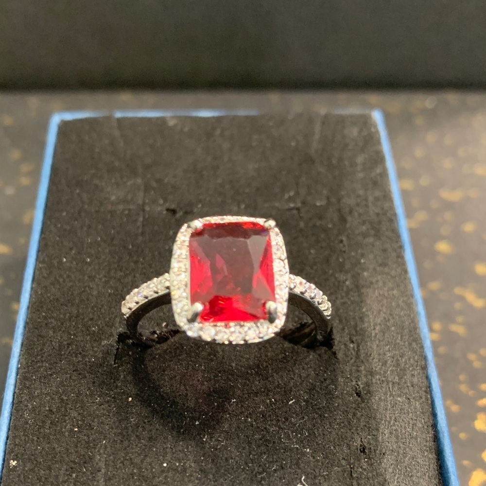 Silver Tone Adjustable Ring with Red Cushion Halo and Pavé sides